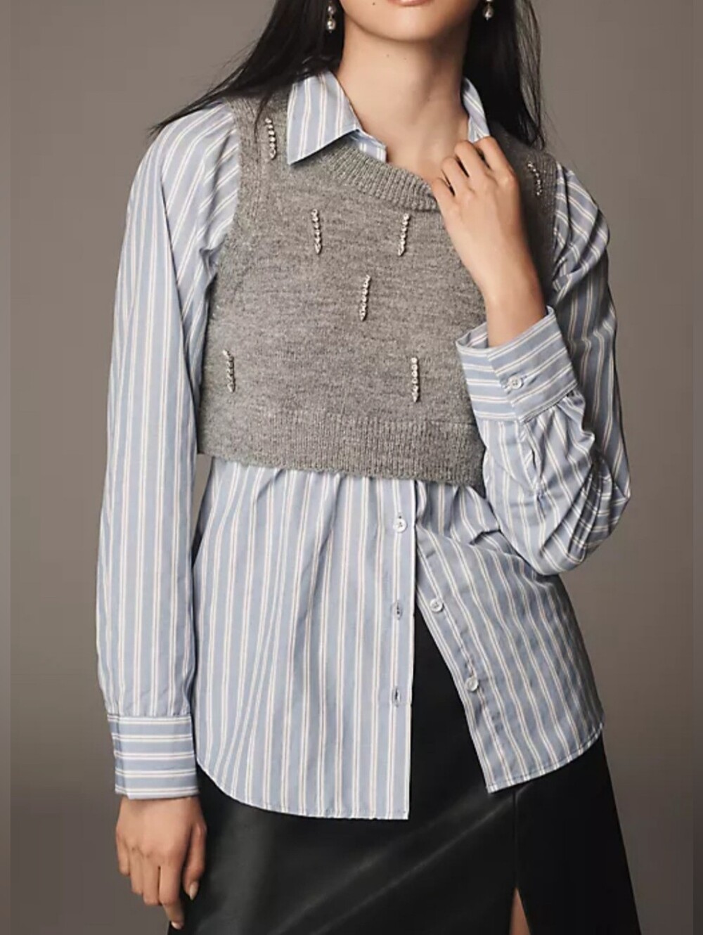 Anthropologie Blue And White Stripes Embelished With Faux Pearls Blouse